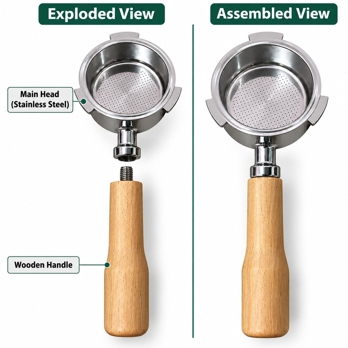 XTIVO 51mm Stainless Steel Bottomless Portafilter with 3 Ear Wooden Handle & EC680 EC685