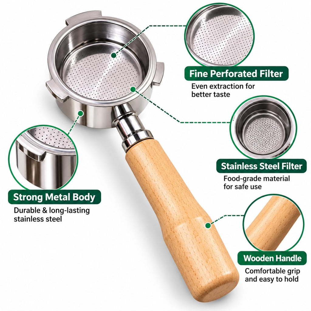 XTIVO 51mm Stainless Steel Bottomless Portafilter with 3 Ear Wooden Handle & EC680 EC685