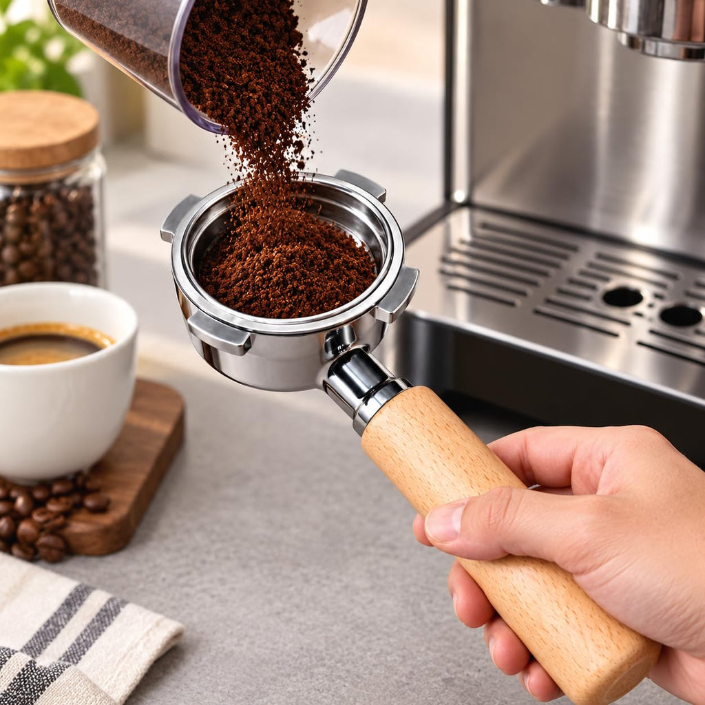 XTIVO 51mm Stainless Steel Bottomless Portafilter with 3 Ear Wooden Handle & EC680 EC685