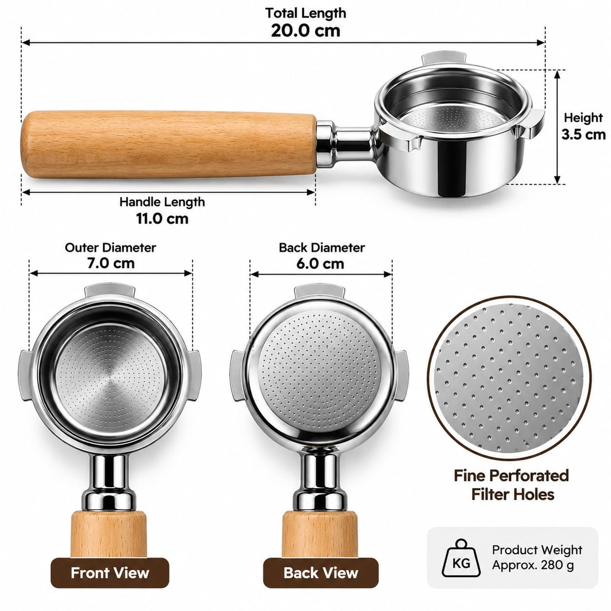 XTIVO 51mm Stainless Steel Bottomless Portafilter with 3 Ear Wooden Handle & EC680 EC685
